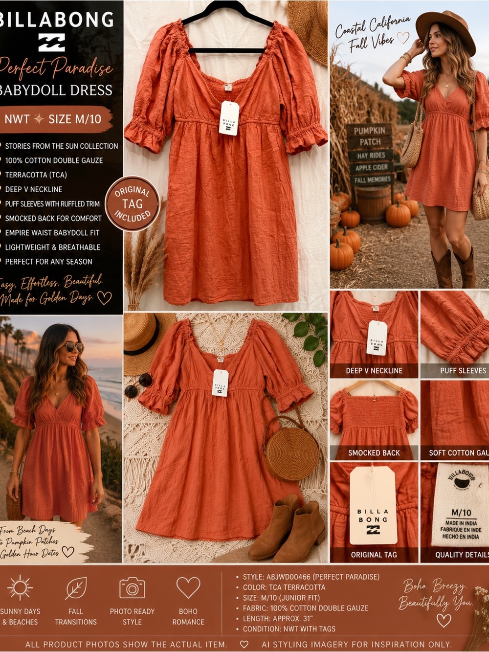 NWT Billabong Perfect Paradise Dress M Terracotta Cotton Gauze Babydoll Puff